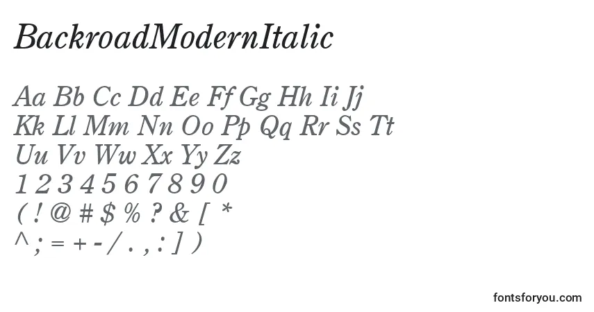 Fuente BackroadModernItalic - alfabeto, números, caracteres especiales