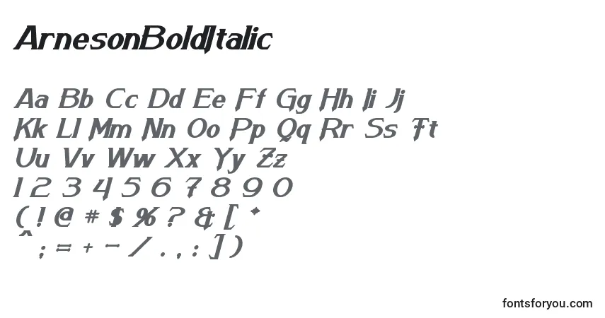 A fonte ArnesonBoldItalic – alfabeto, números, caracteres especiais
