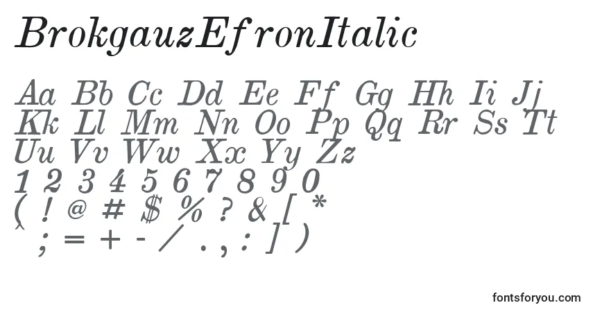 Czcionka BrokgauzEfronItalic – alfabet, cyfry, specjalne znaki