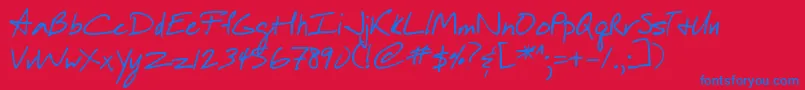 DjbInAHurry-Schriftart – Blaue Schriften auf rotem Hintergrund