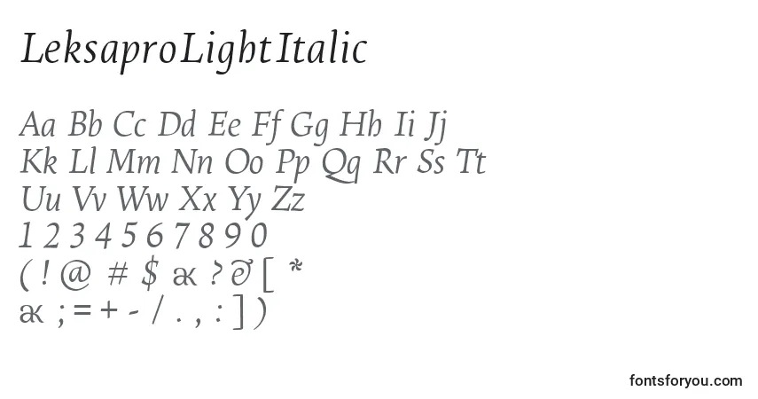 Czcionka LeksaproLightItalic – alfabet, cyfry, specjalne znaki