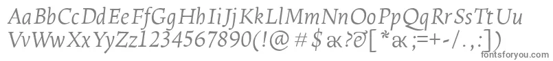 LeksaproLightItalic-fontti – harmaat kirjasimet valkoisella taustalla