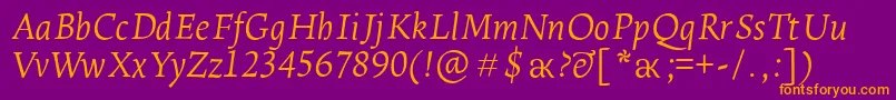 LeksaproLightItalic-fontti – oranssit fontit violetilla taustalla