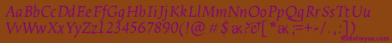 LeksaproLightItalic-Schriftart – Violette Schriften auf braunem Hintergrund
