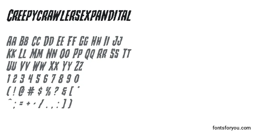 Czcionka Creepycrawlersexpandital – alfabet, cyfry, specjalne znaki