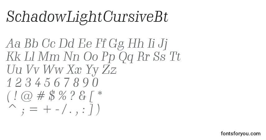 Czcionka SchadowLightCursiveBt – alfabet, cyfry, specjalne znaki