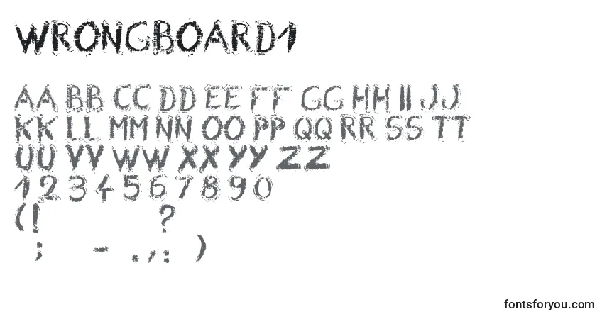 Czcionka WrongBoard1 – alfabet, cyfry, specjalne znaki