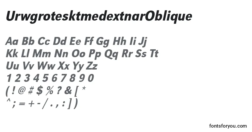 Schriftart UrwgrotesktmedextnarOblique – Alphabet, Zahlen, spezielle Symbole