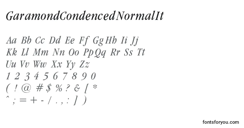 A fonte GaramondCondencedNormalIt – alfabeto, números, caracteres especiais