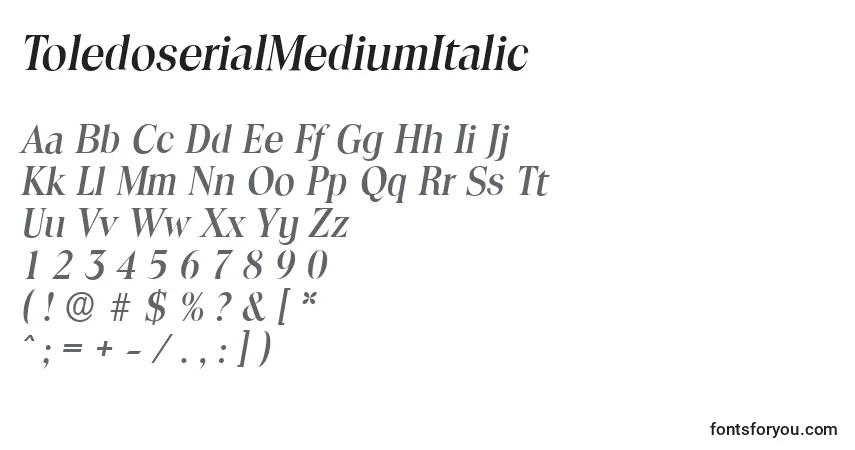 A fonte ToledoserialMediumItalic – alfabeto, números, caracteres especiais