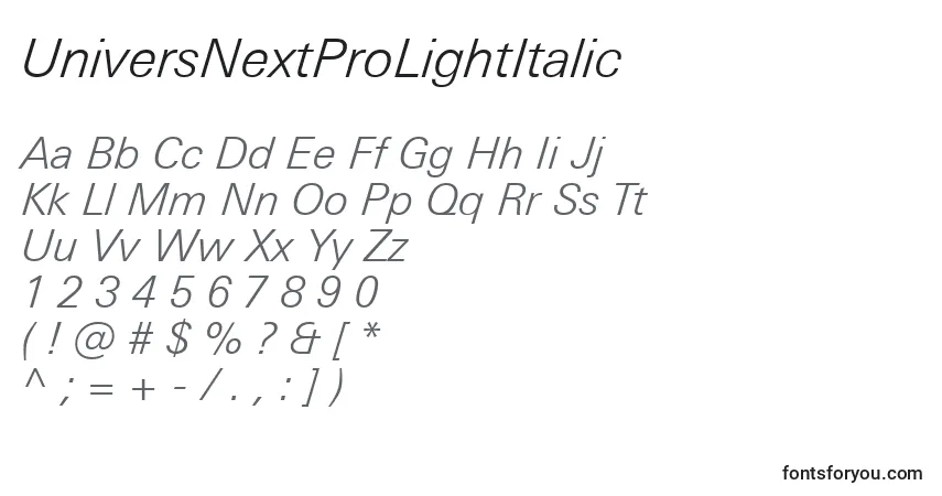 Czcionka UniversNextProLightItalic – alfabet, cyfry, specjalne znaki