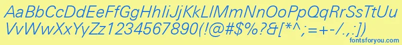 UniversNextProLightItalic-Schriftart – Blaue Schriften auf gelbem Hintergrund