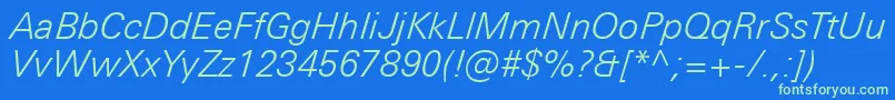 UniversNextProLightItalic-Schriftart – Grüne Schriften auf blauem Hintergrund