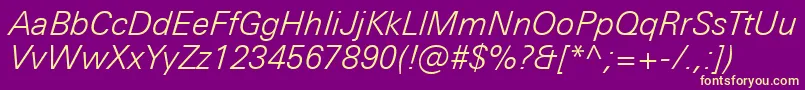 UniversNextProLightItalic-Schriftart – Gelbe Schriften auf violettem Hintergrund