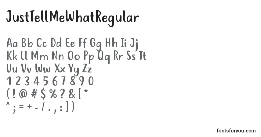 Czcionka JustTellMeWhatRegular – alfabet, cyfry, specjalne znaki
