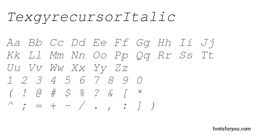 Czcionka TexgyrecursorItalic – alfabet, cyfry, specjalne znaki