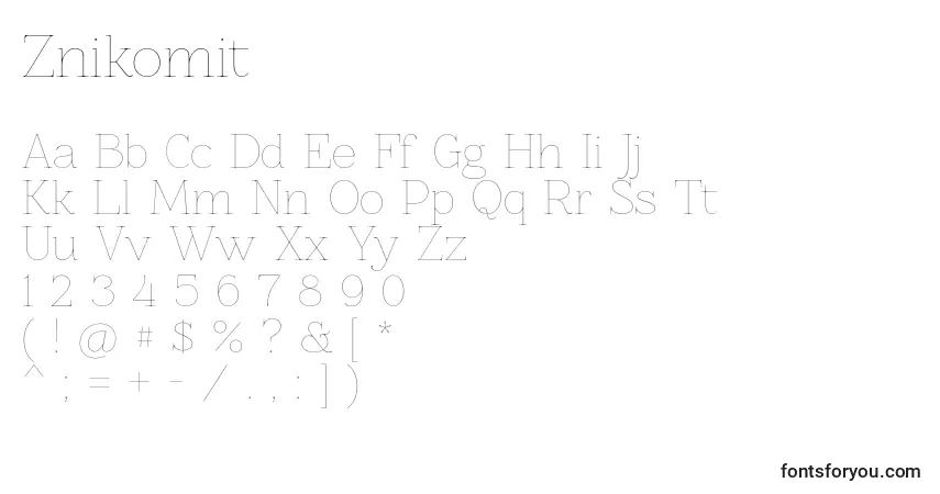 Шрифт Znikomit – алфавит, цифры, специальные символы