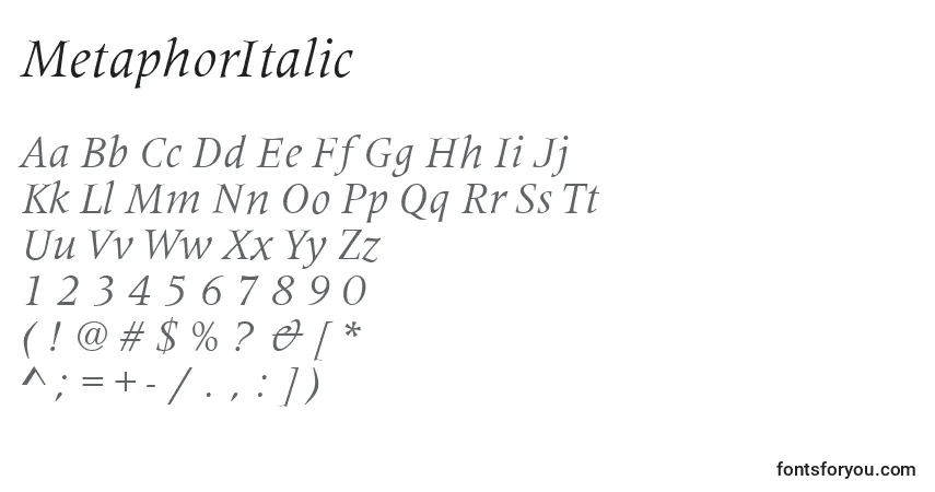 Шрифт MetaphorItalic – алфавит, цифры, специальные символы