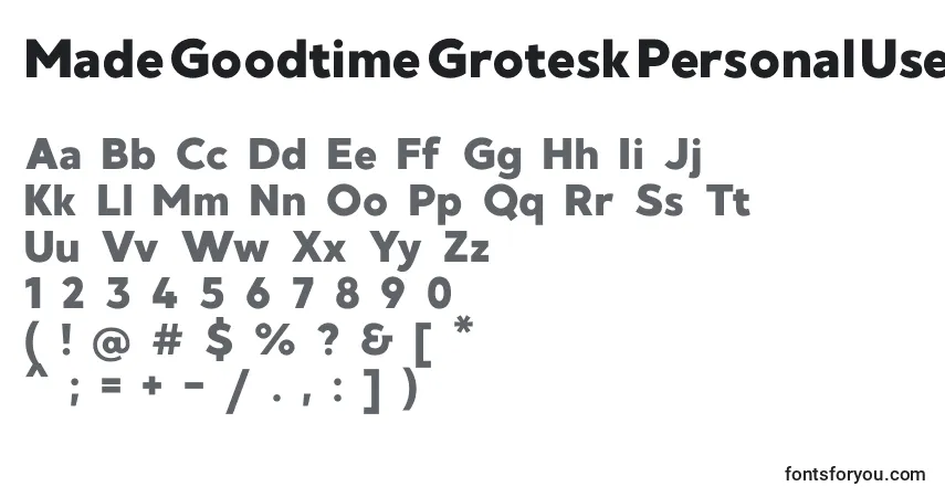 A fonte MadeGoodtimeGroteskPersonalUse – alfabeto, números, caracteres especiais
