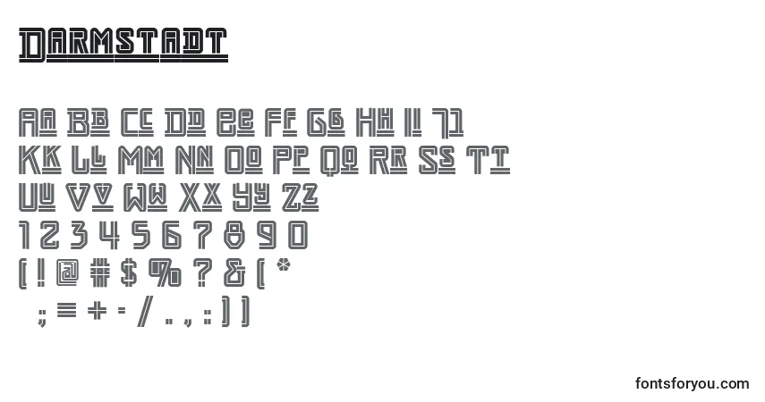 Czcionka Darmstadt – alfabet, cyfry, specjalne znaki
