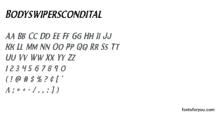 Czcionka Bodyswiperscondital – alfabet, cyfry, specjalne znaki