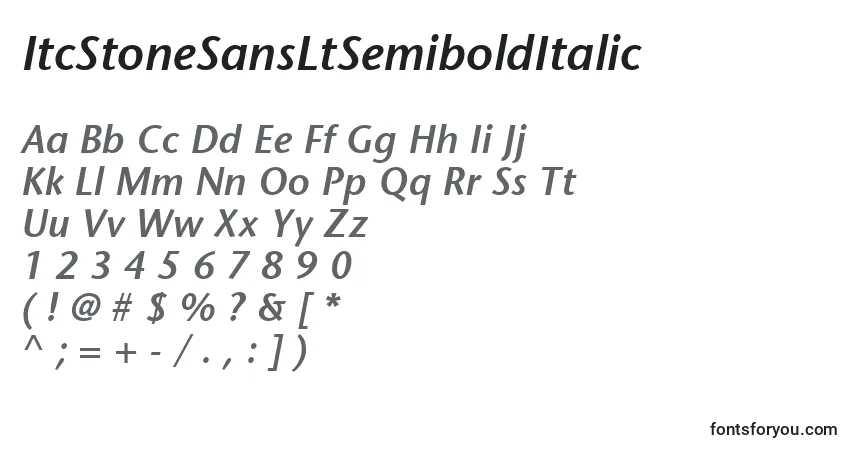 Czcionka ItcStoneSansLtSemiboldItalic – alfabet, cyfry, specjalne znaki