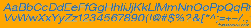 HelveticaLt53ExtendedOblique-Schriftart – Blaue Schriften auf orangefarbenem Hintergrund