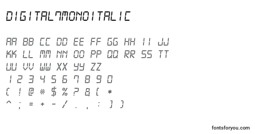 Шрифт Digital7MonoItalic – алфавит, цифры, специальные символы