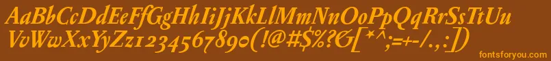フォントPentagrammeosfBolditalic – オレンジ色の文字が茶色の背景にあります。