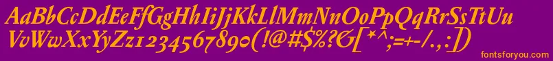 フォントPentagrammeosfBolditalic – 紫色の背景にオレンジのフォント