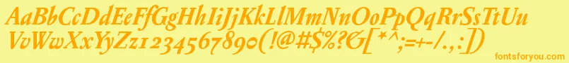 フォントPentagrammeosfBolditalic – オレンジの文字が黄色の背景にあります。