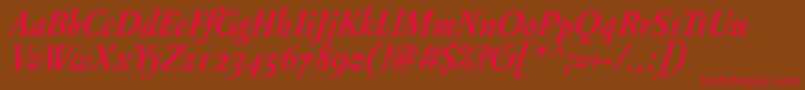 フォントPentagrammeosfBolditalic – 赤い文字が茶色の背景にあります。