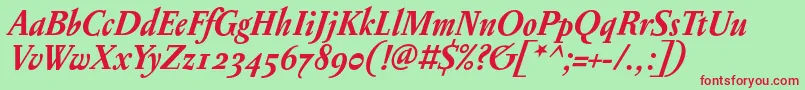 フォントPentagrammeosfBolditalic – 赤い文字の緑の背景