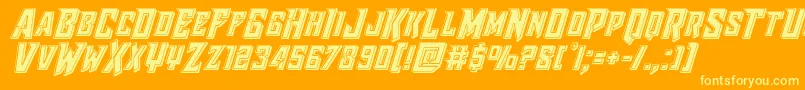 Raidercrusaderbevel-Schriftart – Gelbe Schriften auf orangefarbenem Hintergrund