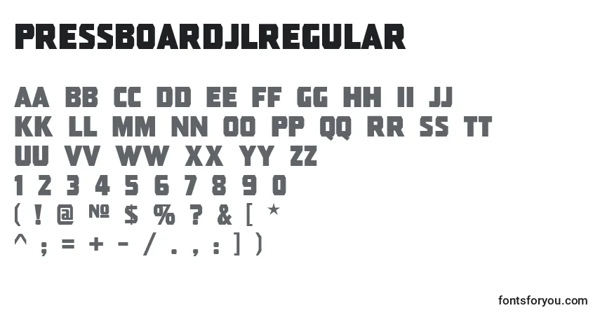 Schriftart PressboardJlRegular – Alphabet, Zahlen, spezielle Symbole