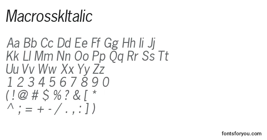 Czcionka MacrosskItalic – alfabet, cyfry, specjalne znaki