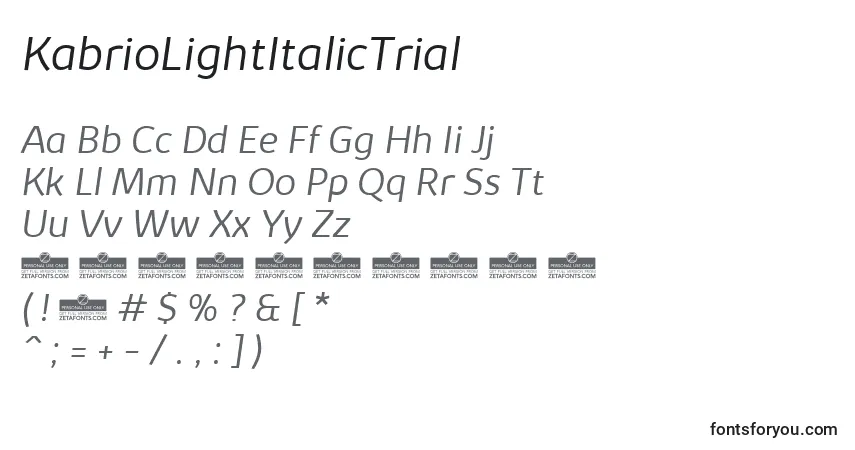 Czcionka KabrioLightItalicTrial – alfabet, cyfry, specjalne znaki