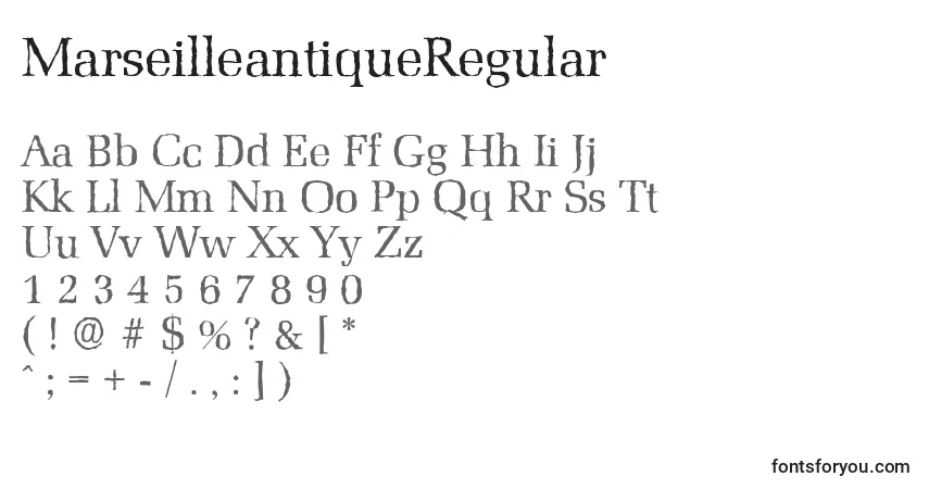 A fonte MarseilleantiqueRegular – alfabeto, números, caracteres especiais