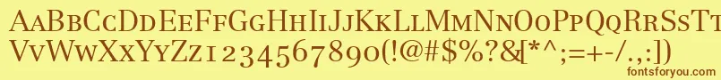 LinotypeCentennial45SmallCapsOldstyleFigures-Schriftart – Braune Schriften auf gelbem Hintergrund