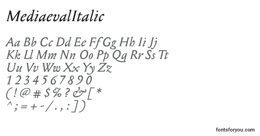 A fonte MediaevalItalic – alfabeto, números, caracteres especiais