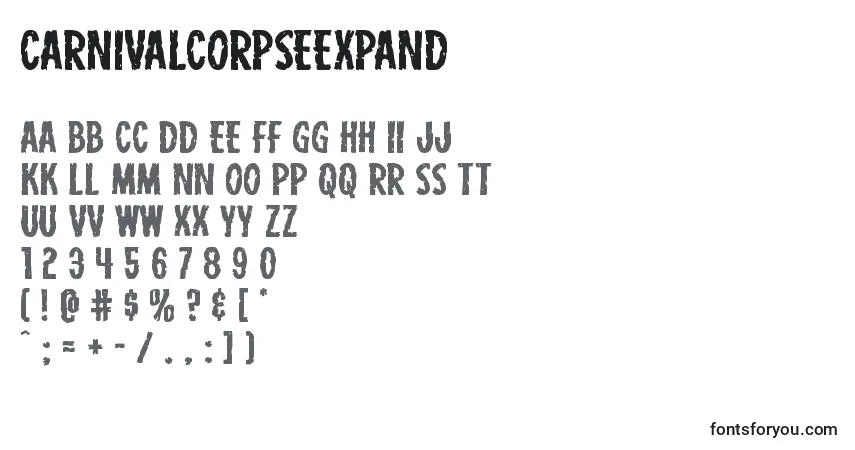 A fonte Carnivalcorpseexpand – alfabeto, números, caracteres especiais