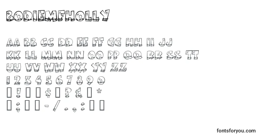 A fonte Bodiemfholly – alfabeto, números, caracteres especiais