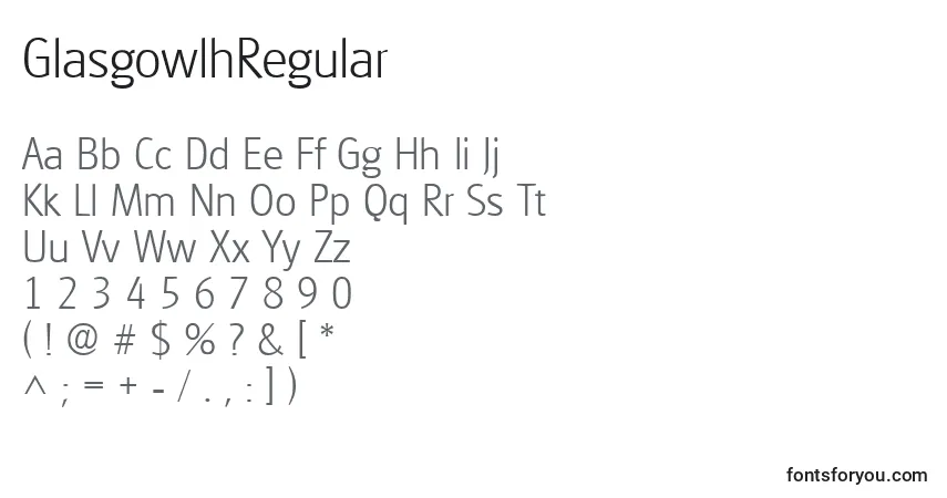 Czcionka GlasgowlhRegular – alfabet, cyfry, specjalne znaki