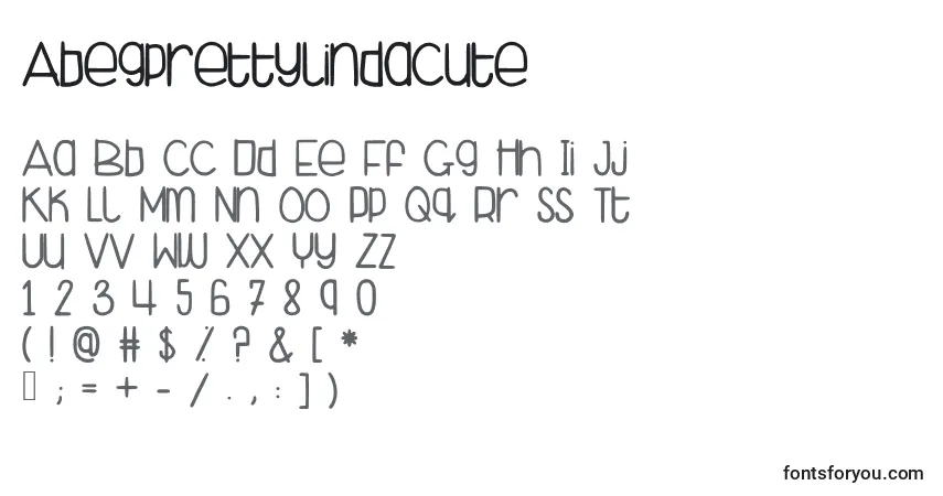 A fonte Abegprettylindacute – alfabeto, números, caracteres especiais