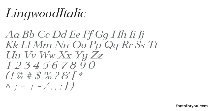 Czcionka LingwoodItalic – alfabet, cyfry, specjalne znaki