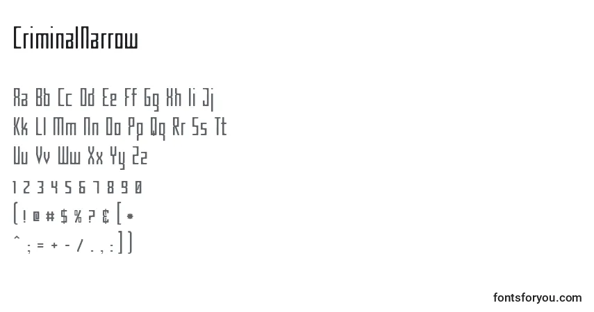 Czcionka CriminalNarrow – alfabet, cyfry, specjalne znaki