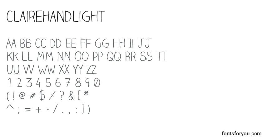 Czcionka Clairehandlight – alfabet, cyfry, specjalne znaki