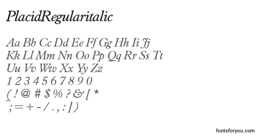 Шрифт PlacidRegularitalic – алфавит, цифры, специальные символы