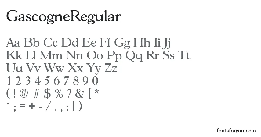 Czcionka GascogneRegular – alfabet, cyfry, specjalne znaki
