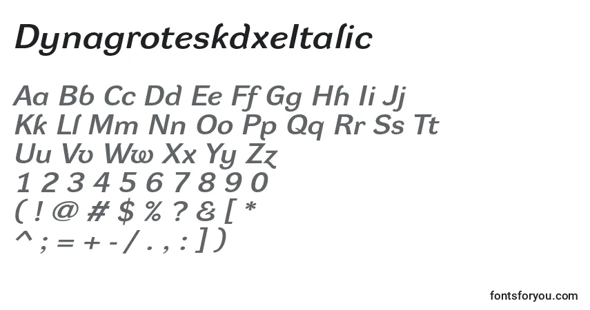 A fonte DynagroteskdxeItalic – alfabeto, números, caracteres especiais